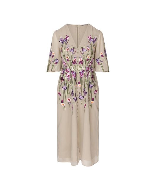 Hope & Ivy Natural The Adelaide V Neck Button Front Maxi Dress With Contrast Floral Embroidery