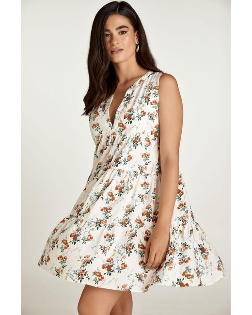 Conquista Natural Neutrals Sleeveless Ecru Floral A Line Dress