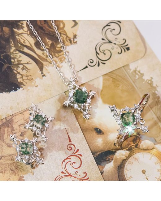 Azura Jewelry New York White Vine Diamond Moss Agate Ring Vermeil