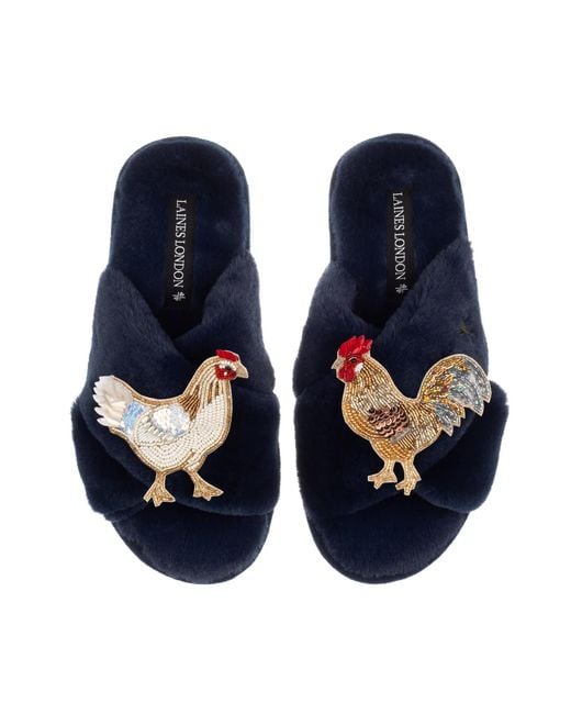Laines London Blue Classic Laines Slippers With Chicken & Rooster Brooches