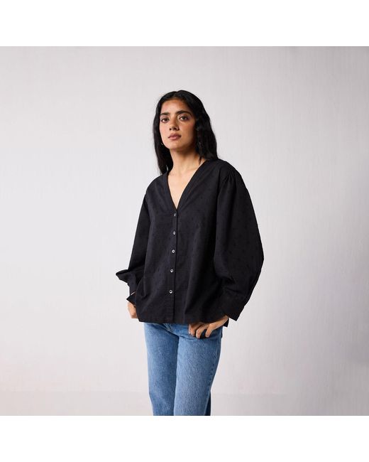 REISTOR Black Embroidered Shirt With Long Balloon Sleeves