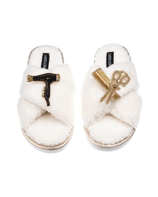 Laines London Metallic Neutrals Laines Neutral Boucle Slippers With Hairdresser Brooches