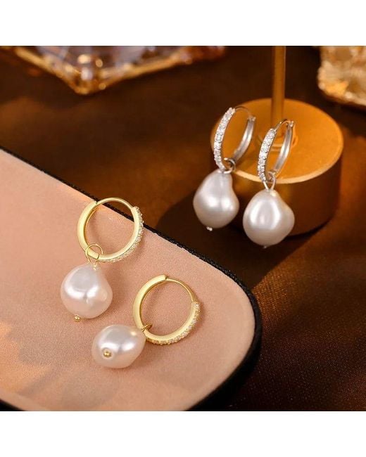 Angel Barocco White Detachable Diamond Huggie Baroque Pearl Earrings