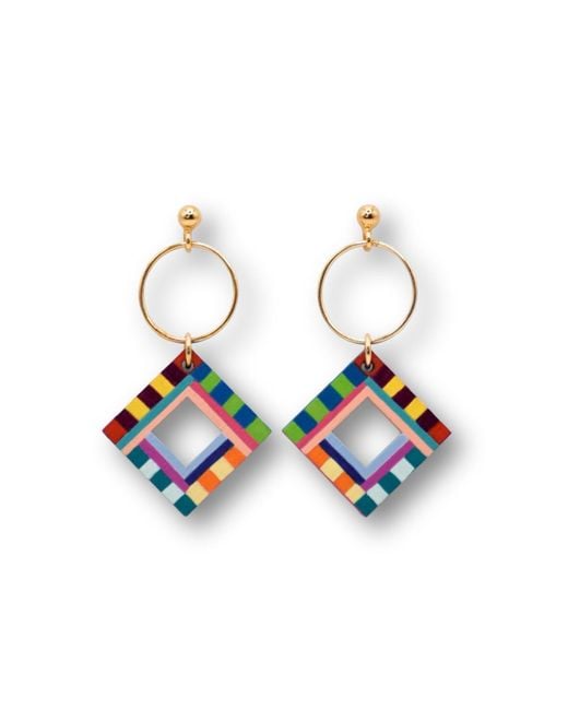 Nkv Stuff Blue Colourful Geometric Earrings With-Plated Hoops