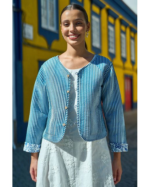 Yumi' Blue Boho Floral Print Cropped Reversible Cotton Quilted Jacket