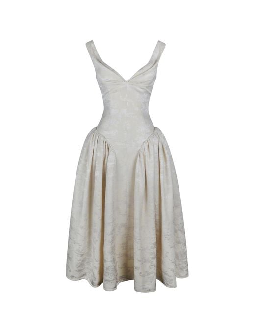 Miss Circle New York White Chelsea Ivory Jacquard Ruched Bust Sweetheart Midi Dress