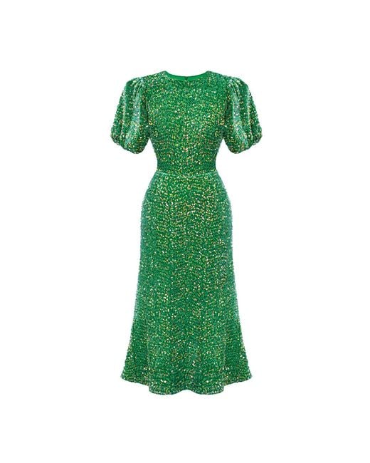 POST MERIDIEM Green Sequin Decorated Velvet Puff Sleeve Midi Dress