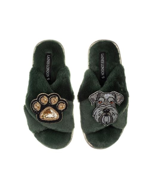 Laines London Green Classic Laines Slippers With Ernie The Schnauzer & Paw Brooches