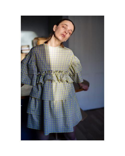 KAROLINA OZOLINSIUTE Metallic Saffron Checks Mini Oversized Dress