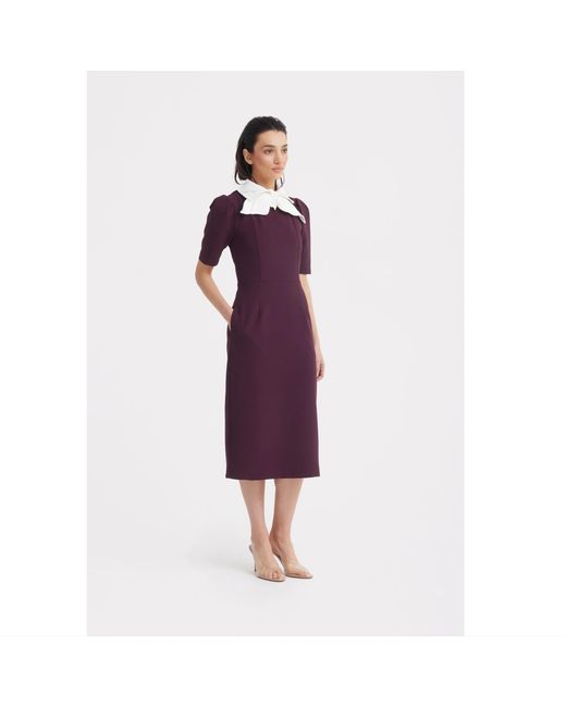 Julia Allert Purple Elegant Midi Dress With Contrast Bow Collar – Burgundy