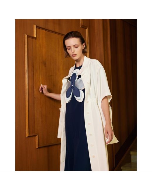 Julia Allert Blue Silky Touch Midi Dark Dress With Handmade Floral Appliqué