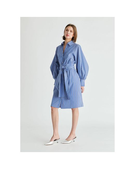 Paisie Blue Striped Volume Sleeve Shirt Dress With Matching Tie Belt
