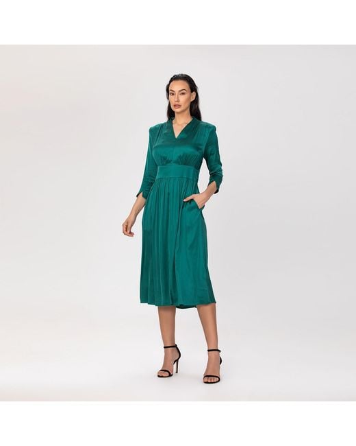 Smart and Joy Green Fit-And-Flare Satin And Jacquard Dress