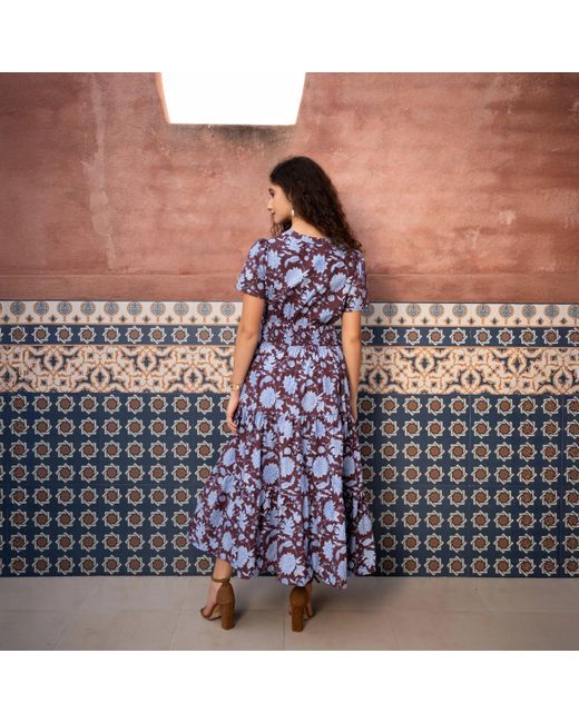 Echo of Pink Blue Evelyn Hand Block Print Maxi Cotton Tiered Dress