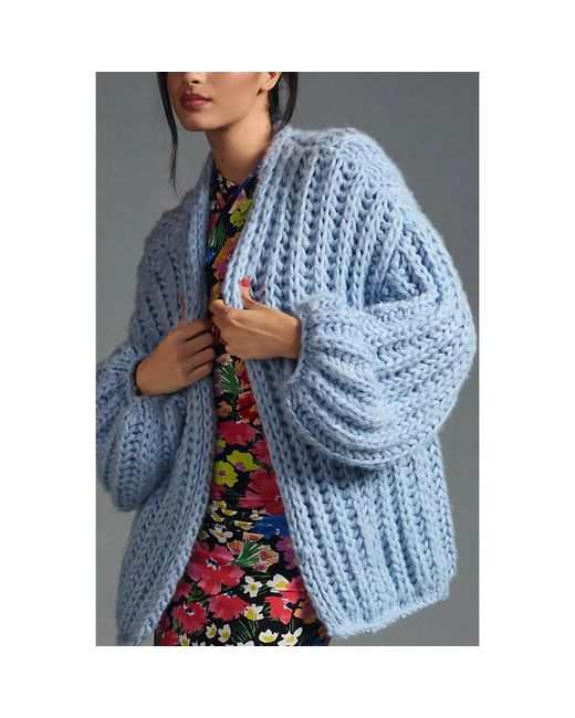 Saachi Blue Chunky Knit Oversized Sky Cardigan Sweater