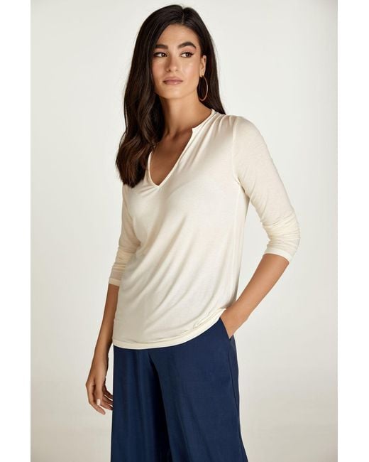Conquista White Neutrals Cream Jersey V Neck Top