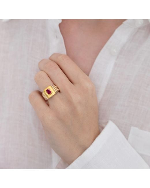 LINYA JEWELLERY Red Octagon Claret Stone Enamel Signet Ring