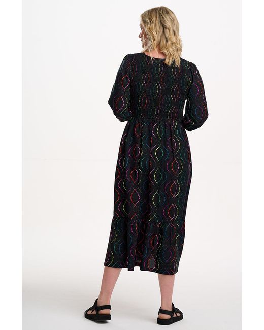Sugarhill Black Magdalene Shirred Midi Dress, Dotted Waves