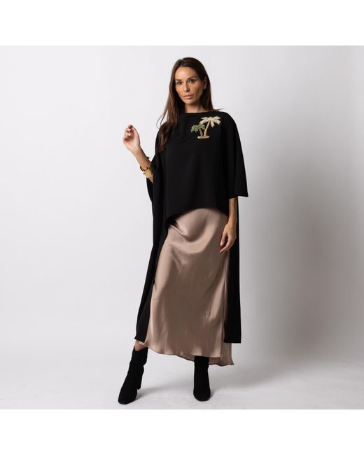 Laines London Black Laines Couture Asymmetric Blouse Cape With Embellished Palm Tree