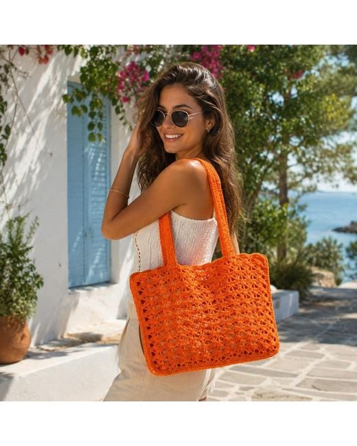 Springmoonatelier Orange Luxury Handmade Raffia Oversized Bag – Large Crochet Shoulder And Beach Bag