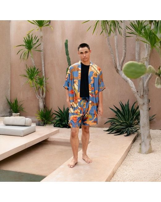 ORIGIN OF HEARTS Blue Simba Floral Festival Satin Kimono Shirt for men