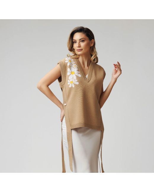 concept A trois Natural Neutrals Camel Knitted Vest With Daisies And Side Ribbons