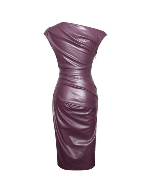 Miss Circle New York Purple Sabina Leather Slash Neck Midi Dress