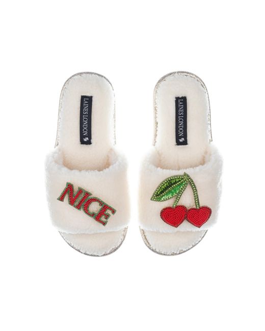 Laines London White Teddy Toweling Slipper Sliders With Nice Cherries Brooches