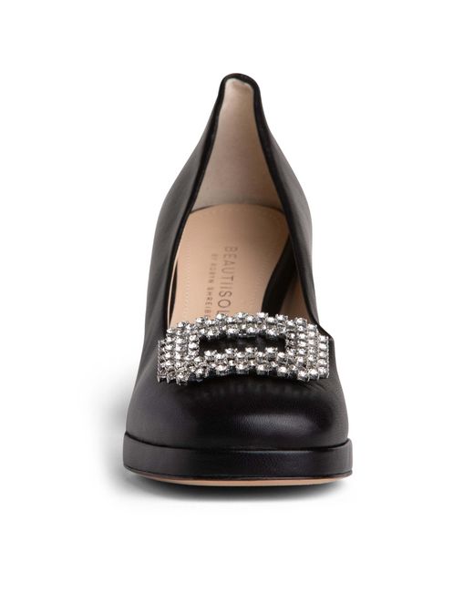 Beautiisoles by Robyn Shreiber Made in Italy Black Clementine Leather With Rhinestones Platform Evening Pump