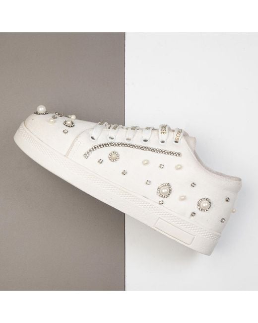Rettrose White Nova Luxury Suede Handmade Embellished Tennis Shoe