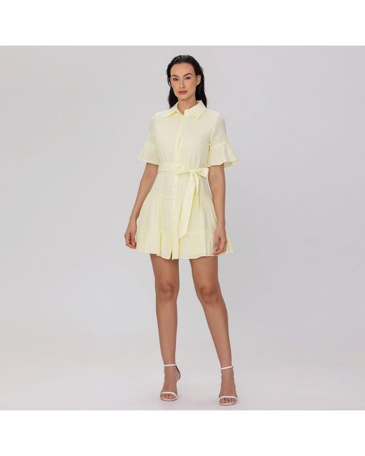 Smart and Joy Yellow Fit-And-Flare Tiered Ruffles Mini Shirt-Dress
