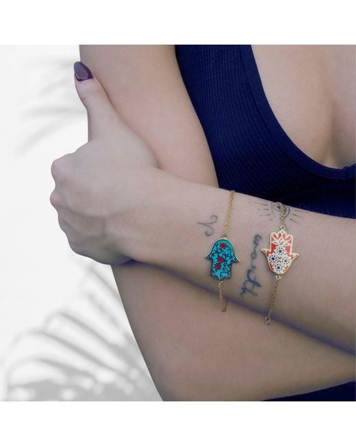 Ebru Jewelry Metallic Enamel Floral Hamsa Hand Vermeil Chain Bracelet