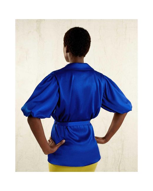 Femponiq Blue Draped Puff Sleeve Belted Blouse