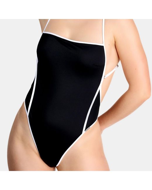 Free Society Blue Contrast Piping Square Neck Swimsuit In & White