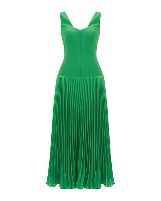 Exquise Green Pleated Belt Detail Midi Crepe Dress