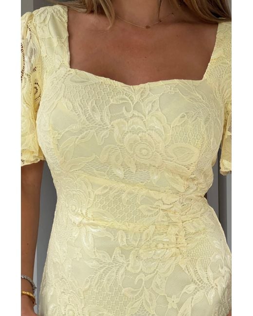 Girl In Mind Yellow Heidi Lace Ruched Midi Dress