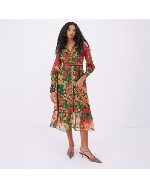 Raishma Red Floral Long Sleeve Belted Shirt Midi Dress
