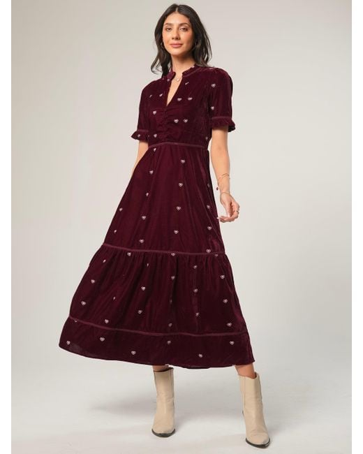 Rose & Nancy Purple Sara Burgundy Heart Embroidered Velvet Dress