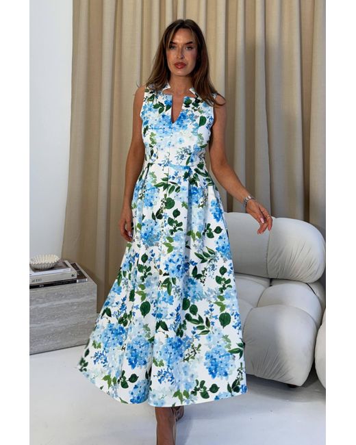 Girl In Mind Blue Ameya Notch Neck Sleeveless Midi Dress Floral