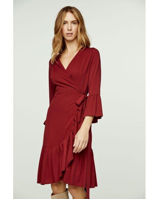 Conquista Red Wine Wrap Dress Viscose With Bell Sleeves