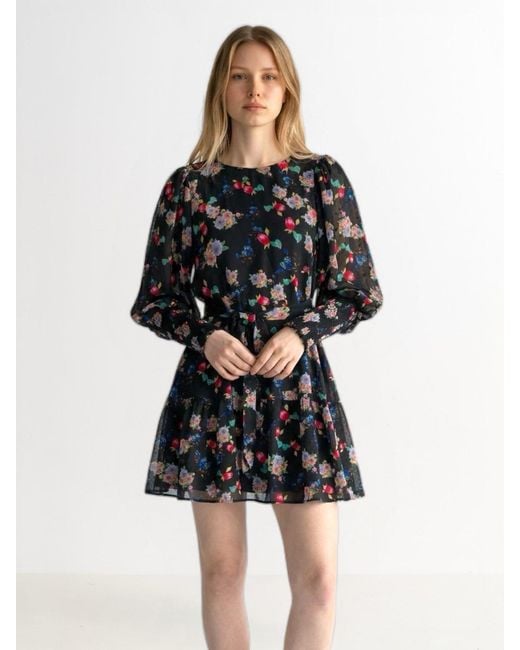 Louche Black Daphne Carpathian Florals Print Shirred Cuff Tie Waist Mini Dress