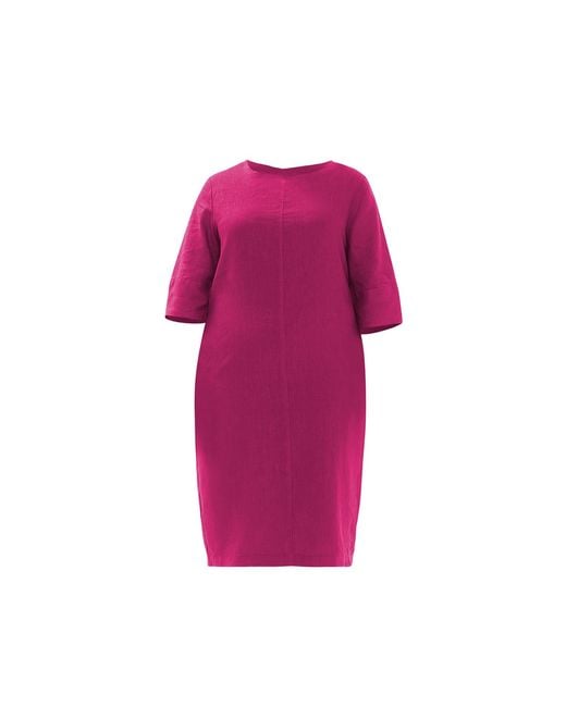 Haris Cotton Pink Keyhole Neckline Curve Midi Linen Dress With Three Quarters Sleeves Pomegranate