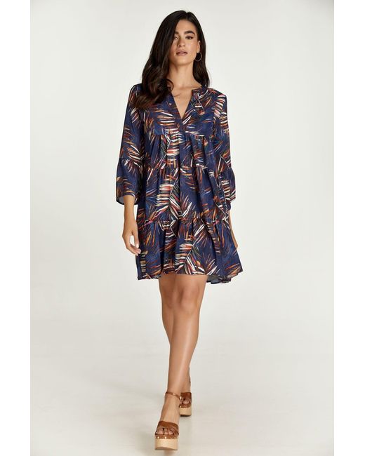 Conquista Blue Leaf Print A Line Dress With Bell Sleeves