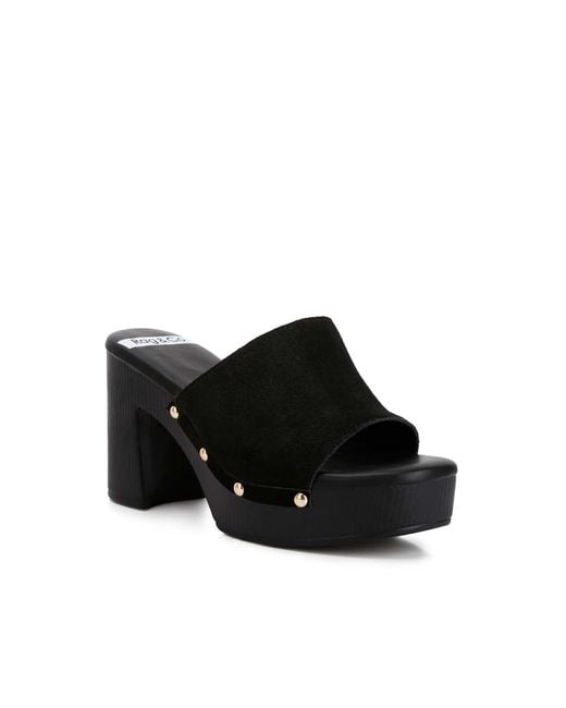 Rag & Co Black Cartera Soft Suede High Block Heel Clogs