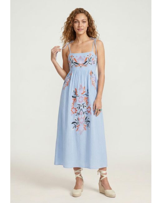 Raffya Blue Furla Smocked Panel Embroidered Midi Dress