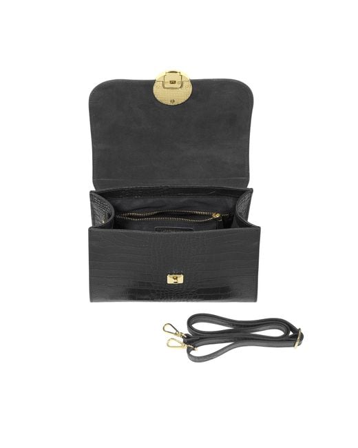 Le Parmentier Black Bombo Croco Embossed Leather Top-Handle Satchel Bag W/Strap