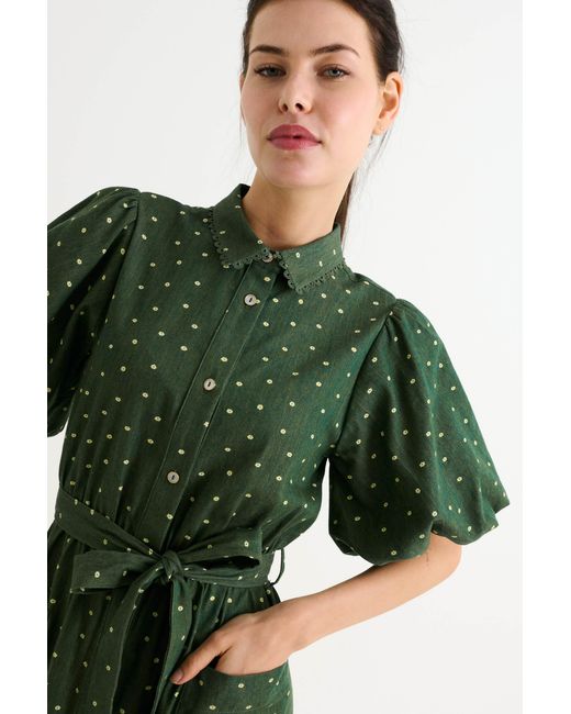 Louche Green Lola Flower Dot Print Balloon Sleeve Shirtdress
