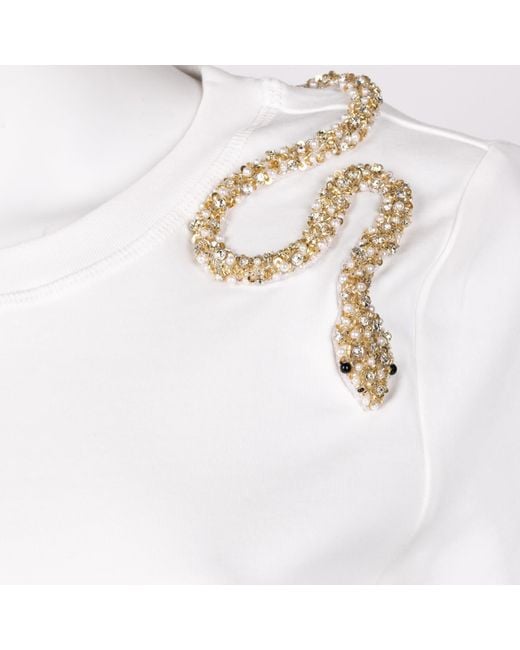 House of Laines London White Laines Couture Embellished Crystal Wrap Around Snake T-Shirt