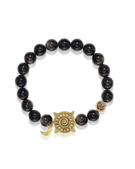 Aurozia Black Three Charms Solar Meridian Plated Sundial And The Sun Coin Golden Obsidian Beaded Bracelet