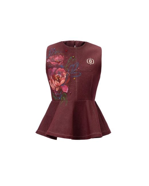 Rondooz Red Hand Painted Denim Peplum Top With Hand Applied Embellishment